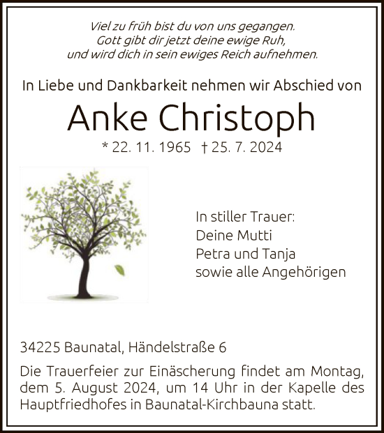 Todesanzeige von Anke Christoph von HNA