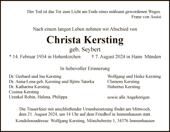 Todesanzeige von Christa Kersting von HNA