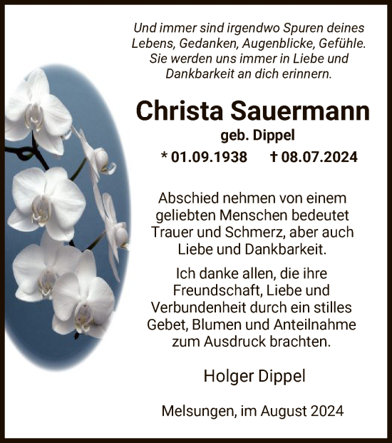 Todesanzeige von Christa Sauermann von HNA