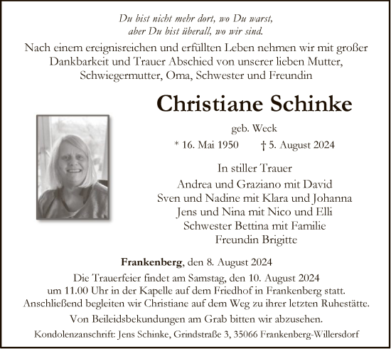 Todesanzeige von Christiane Schinke von HNA