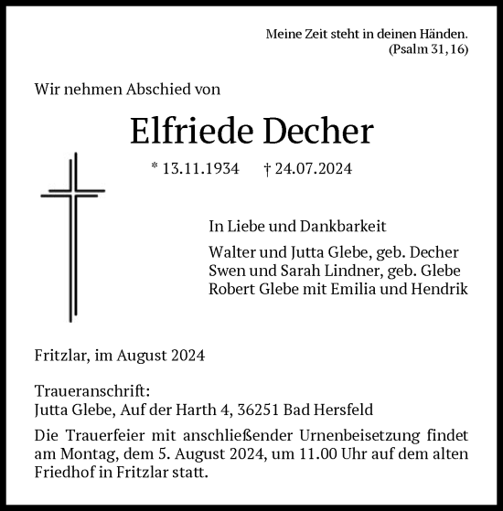 Todesanzeige von Elfriede Decher von HNA