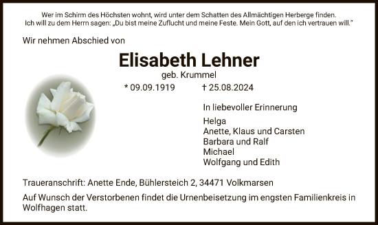 Todesanzeige von Elisabeth Lehner von HNA