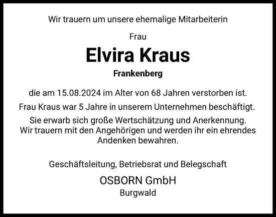 Todesanzeige von Elvira Kraus von HNA