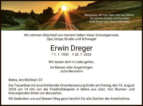 Todesanzeige von Erwin Dreger von HNA