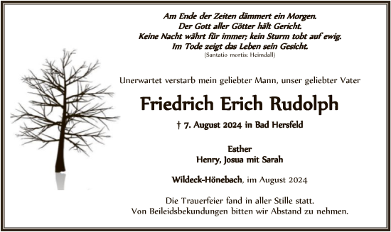 Todesanzeige von Friedrich Erich Rudolph von HNAHNA