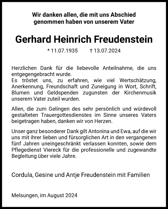 Todesanzeige von Gerhard Heinrich Freudenstein von HNAHNA