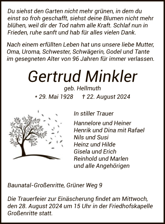 Todesanzeige von Gertrud Minkler von HNA