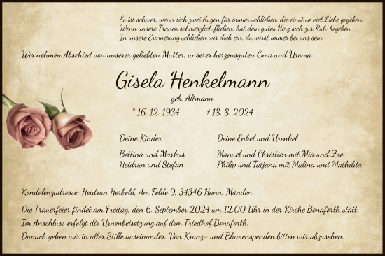 Todesanzeige von Gisela Henkelmann von HNA