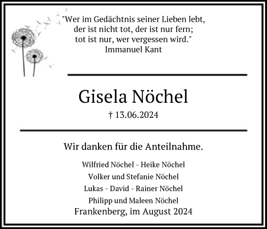 Todesanzeige von Gisela Nöchel von HNA