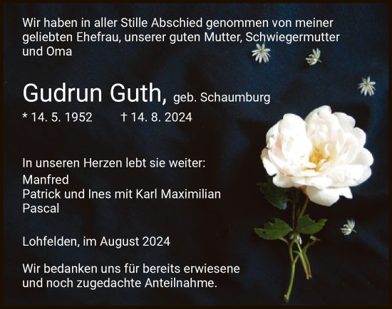 Todesanzeige von Gudrun Guth von HNA