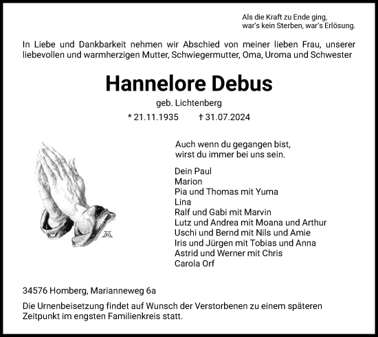 Todesanzeige von Hannelore Debus von HNA