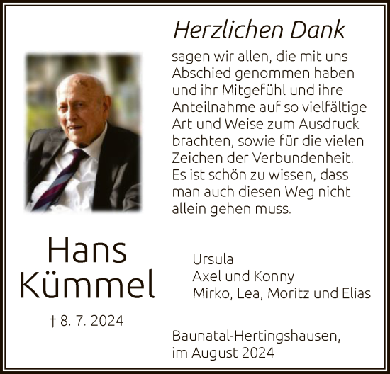 Todesanzeige von Hans Kümmel von HNA