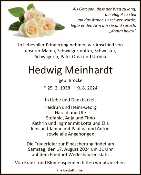 Todesanzeige von Hedwig Meinhardt von HNA