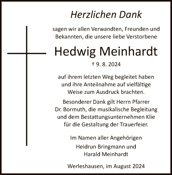 Todesanzeige von Hedwig Meinhardt von HNA