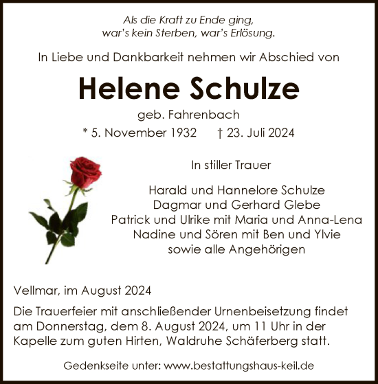 Todesanzeige von Helene Schulze von HNA