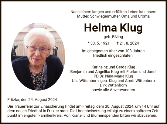 Todesanzeige von Helma Klug von HNAWLZ