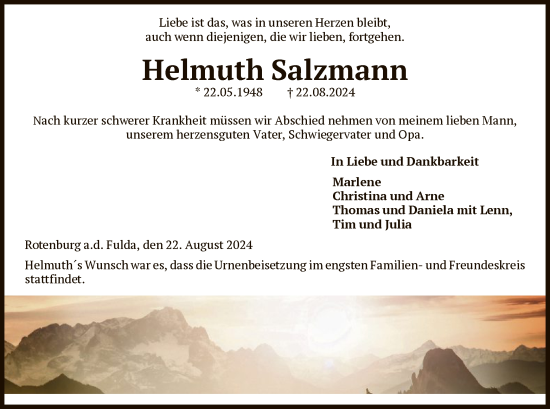 Todesanzeige von Helmuth Salzmann von HNA