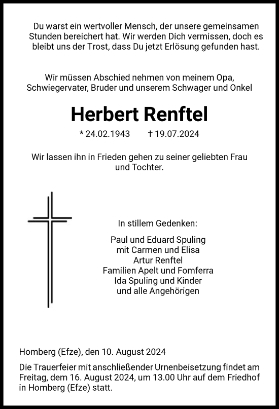 Todesanzeige von Herbert Renftel von HNAHNA