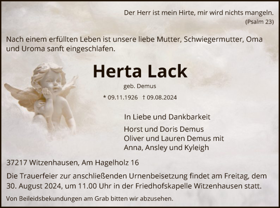 Todesanzeige von Herta Lack von HNA