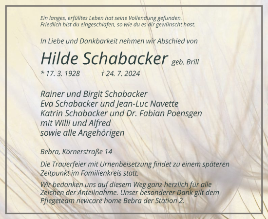 Todesanzeige von Hilde Schabacker von HNA