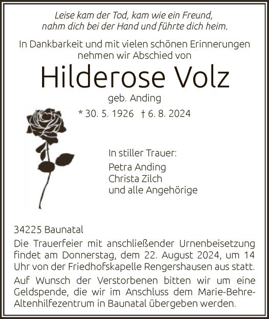 Todesanzeige von Hilderose Volz von HNA