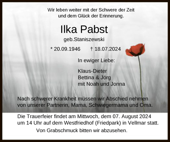 Todesanzeige von Ilka Pabst von HNA