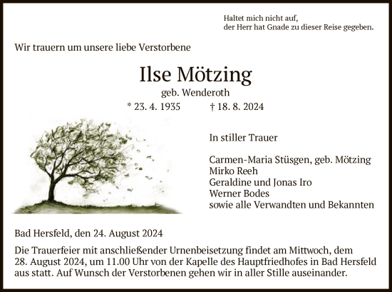 Todesanzeige von Ilse Mötzing von HNA