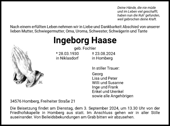 Todesanzeige von Ingeborg Haase von HNA