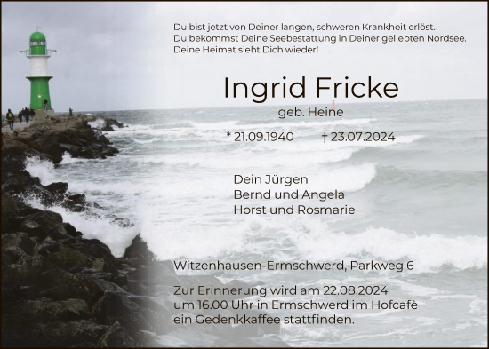 Todesanzeige von Ingrid Fricke von HNA