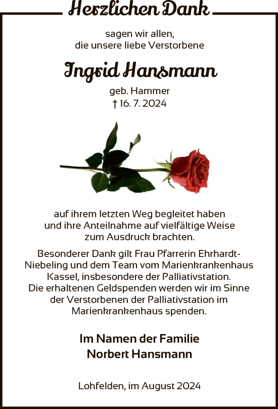 Todesanzeige von Ingrid Hansmann von HNA