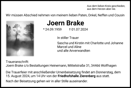 Todesanzeige von Joern Brake von HNA