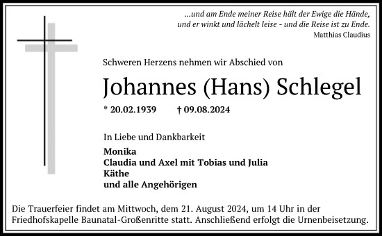 Todesanzeige von Johannes Schlegel von HNA