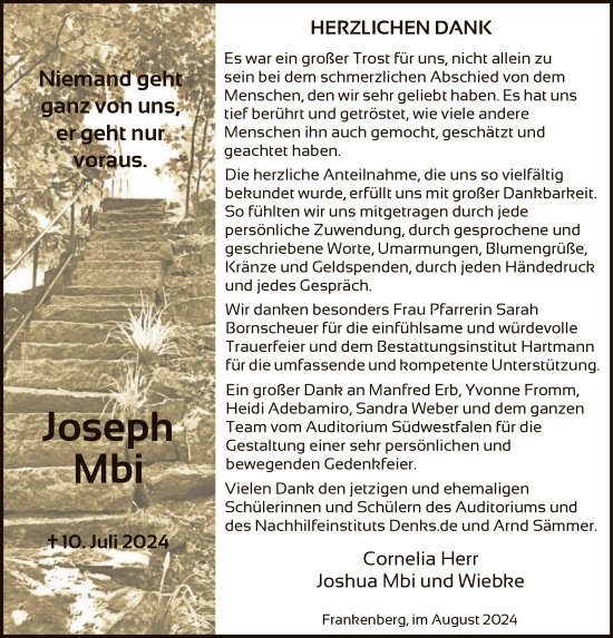 Todesanzeige von Joseph Mbi von HNA