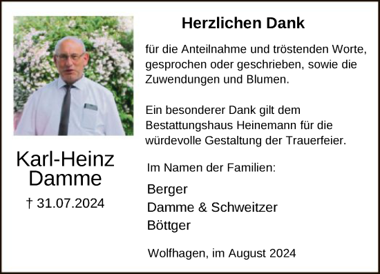 Todesanzeige von Karl-Heinz Damme von HNA