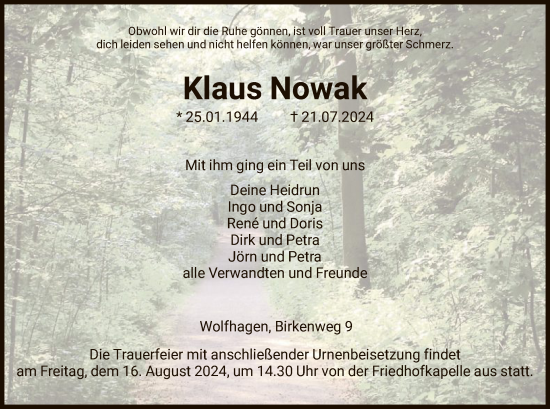 Todesanzeige von Klaus Nowak von HNA