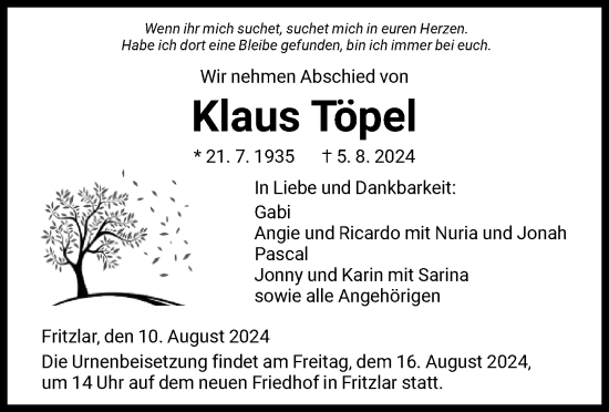 Todesanzeige von Klaus Töpel von HNA