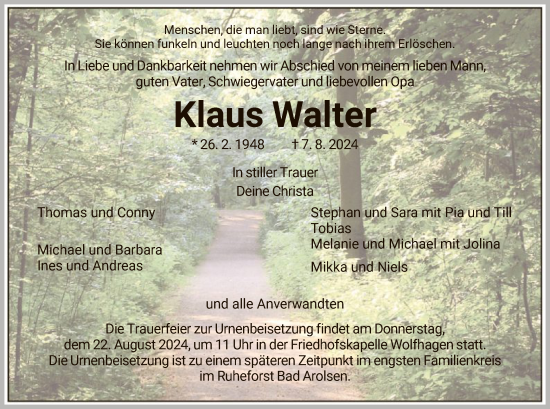 Todesanzeige von Klaus Walter von HNA