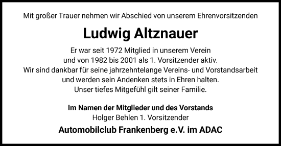 Todesanzeige von Ludwig Altznauer von HNA