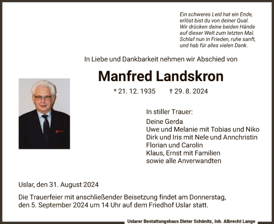 Todesanzeige von Manfred Landskron von HNA