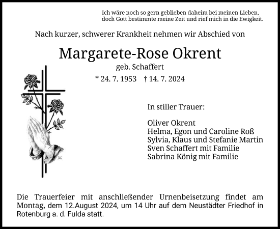 Todesanzeige von Margarete-Rose Okrent von HNA