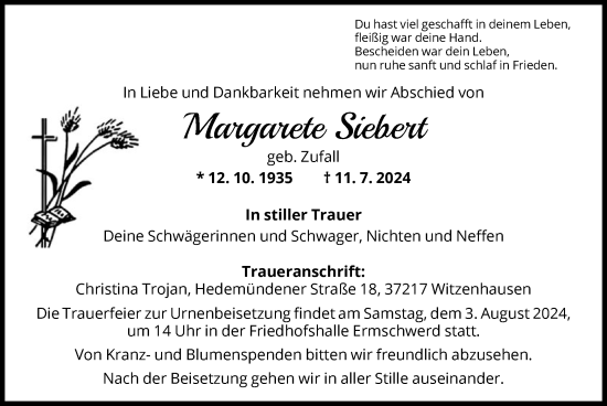 Todesanzeige von Margarete Siebert von HNA