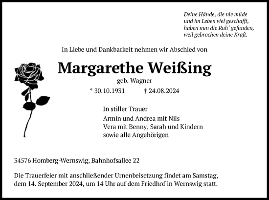 Todesanzeige von Margarethe Weißing von HNA