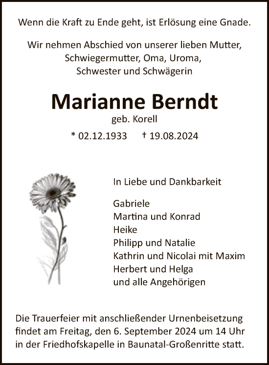 Todesanzeige von Marianne Berndt von HNA