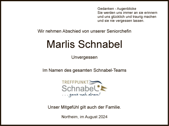 Todesanzeige von Marlis Schnabel von HNA