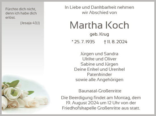 Todesanzeige von Martha Koch von HNA