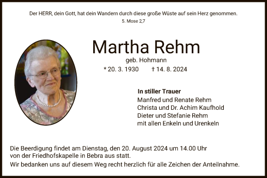 Todesanzeige von Martha Rehm von HNA