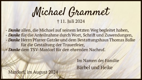 Todesanzeige von Michael Grammet von HNA