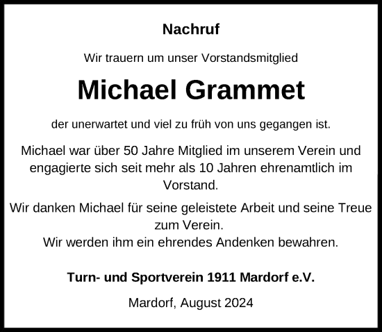 Todesanzeige von Michael Grammet von HNA