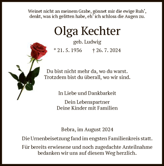 Todesanzeige von Olga Kechter von HNA