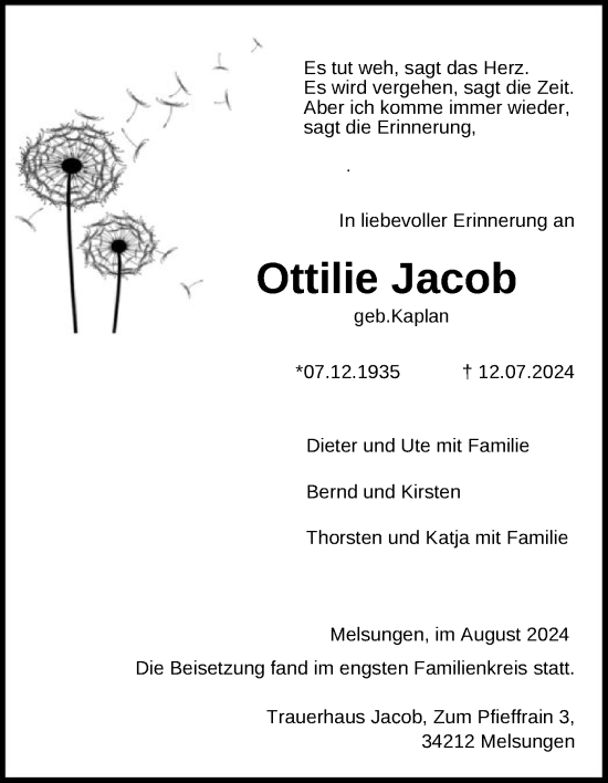 Todesanzeige von Ottilie Jacob von HNA